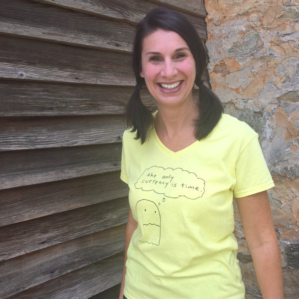 'the only currency is time' Ladies' Cut - Short Sleeve V-Neck Tee - Cornsilk Yellow